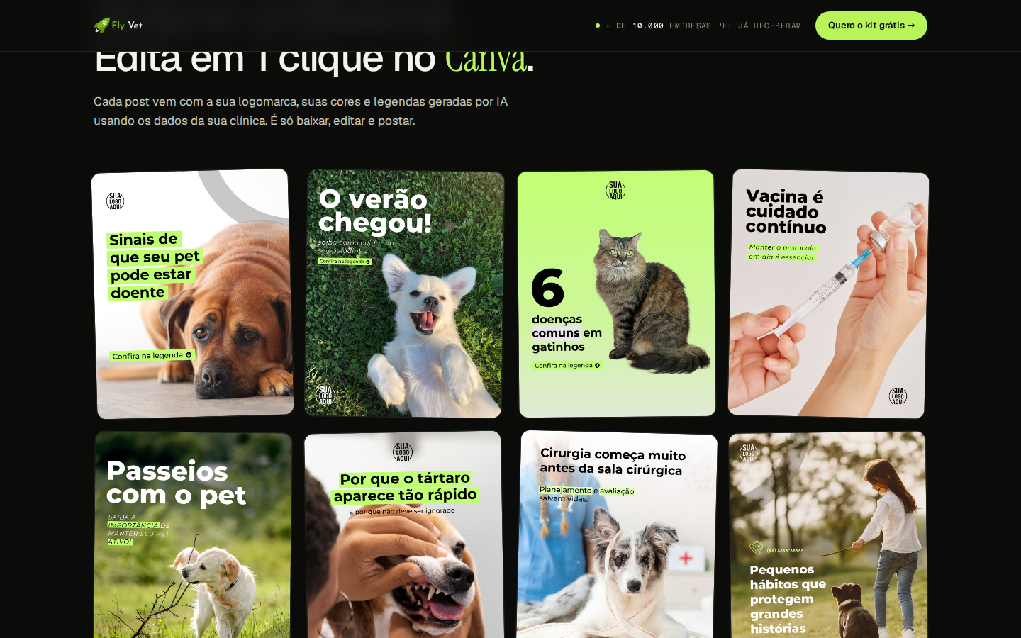Grid de 8 templates do Kit de Redes Sociais Fly Vet com posts prontos sobre vacinas, cirurgia, dermato e mais