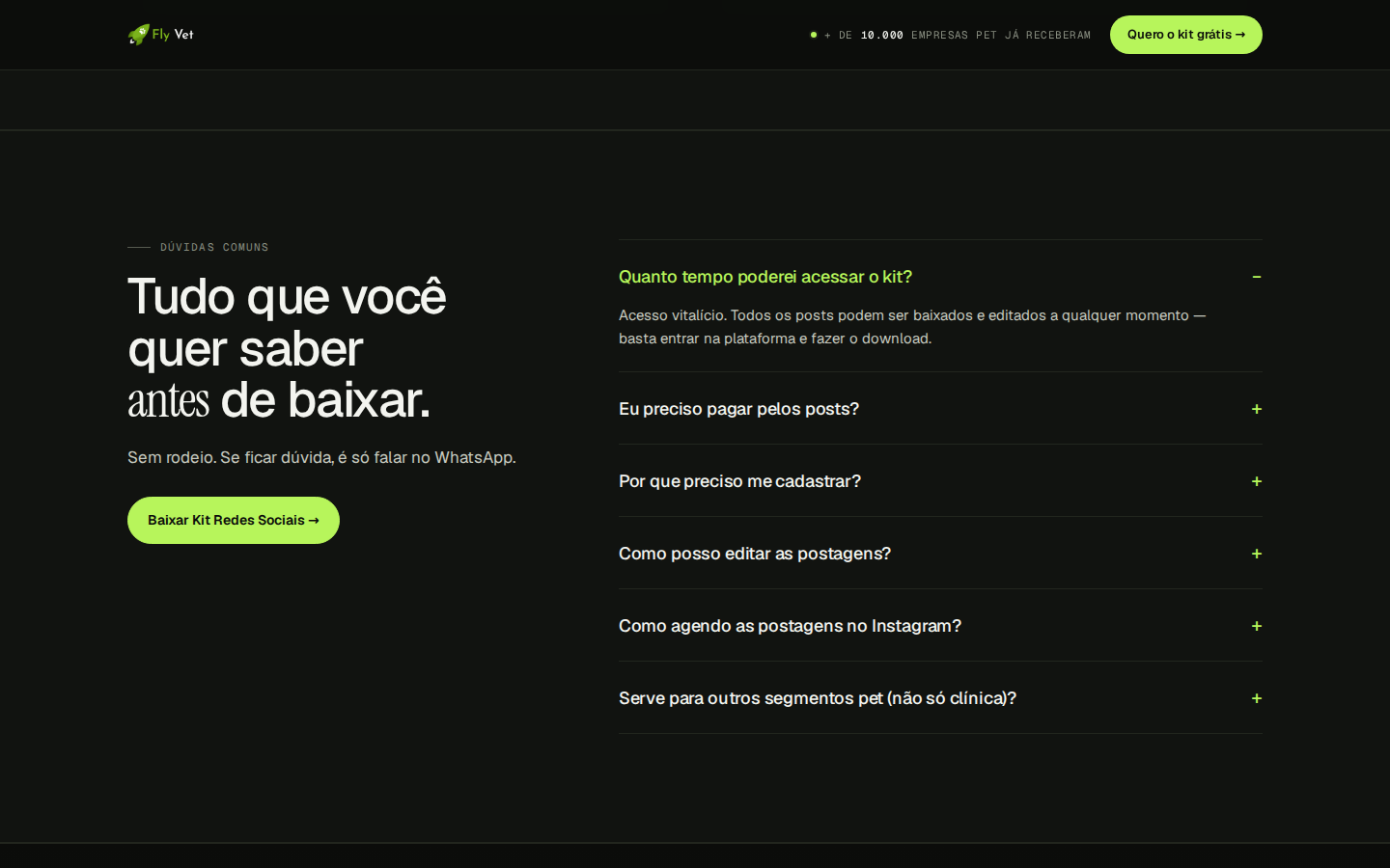 Trecho de landing page Fly Vet com features de plataforma e CTA pra conectar Meta Ads
