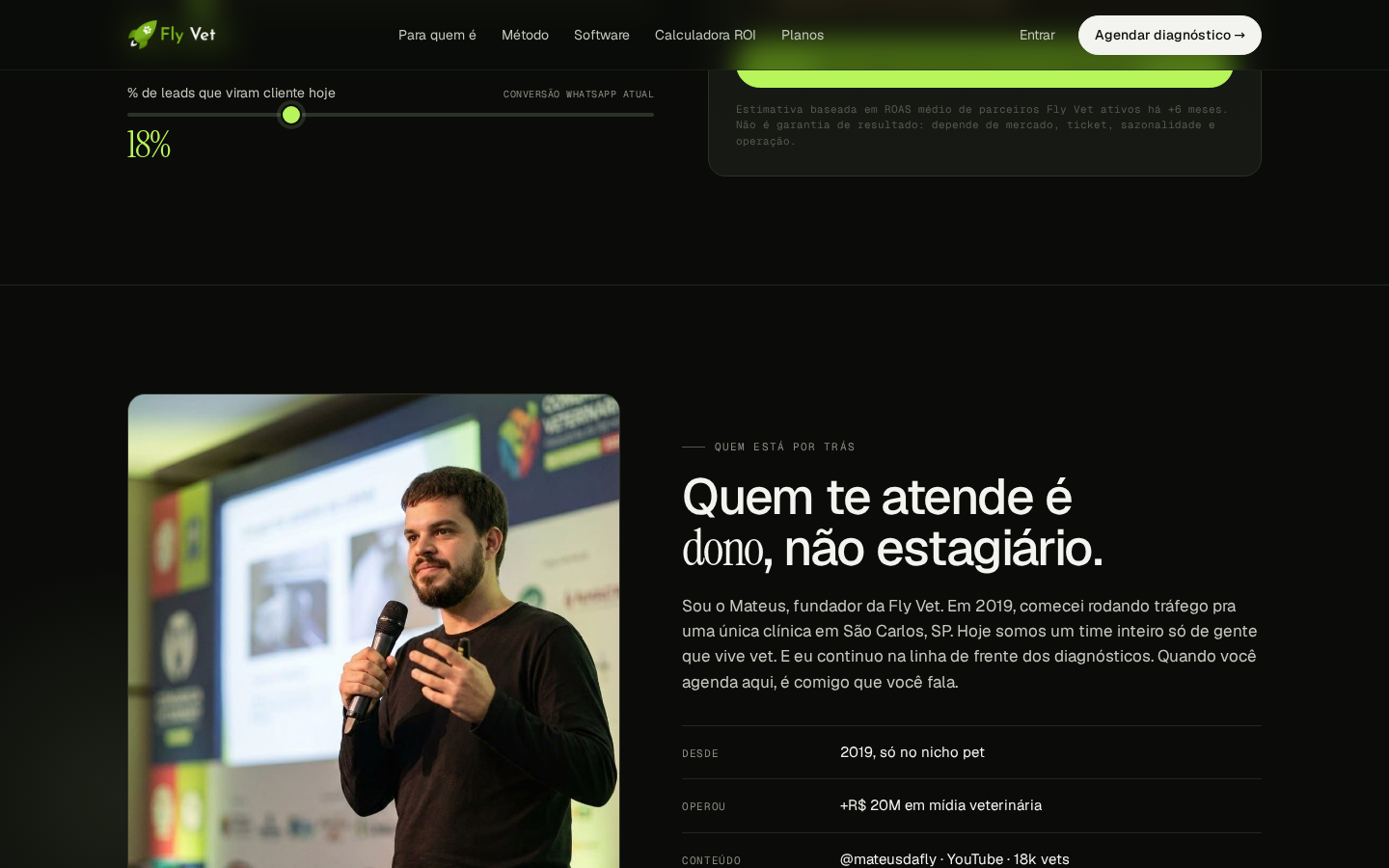 Foto Mateus Gomes da Fly Vet ao lado de stats R$ 16,30 milhões em ad spend gerenciado e 18% taxa de conversão pra clínicas veterinárias
