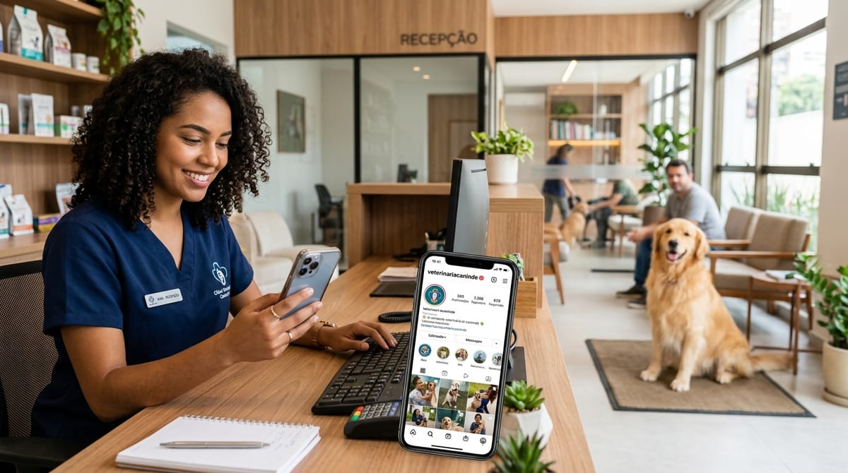 Smartphone com perfil de Instagram de clínica veterinária mostrando bio otimizada