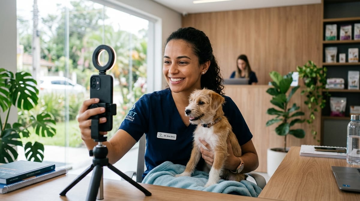 Veterinária gravando Reels com smartphone na clínica usando roteiro pronto Fly Vet