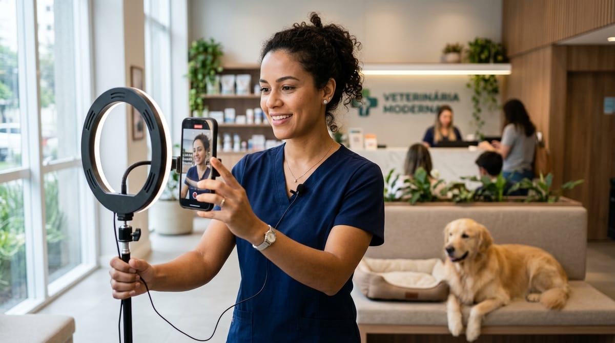 Veterinária brasileira grava conteúdo de redes sociais com smartphone em clínica veterinária moderna