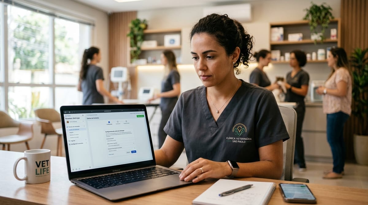 Tela do Business Manager da Meta com conta de anúncios de clínica veterinária e seleção de página pra conectar via OAuth