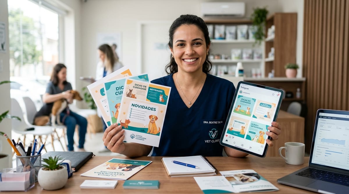 Capa do Kit de Marketing Fly Vet pra clínica veterinária com mockup de templates de Instagram