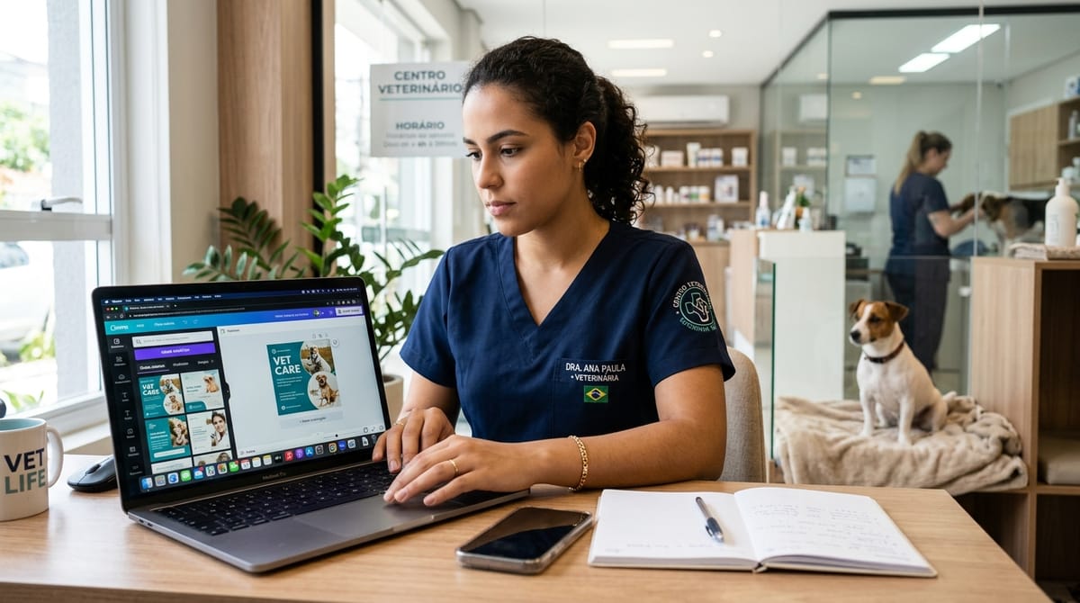 Veterinário configurando campanha Meta Ads no Facebook Business Manager pra clínica veterinária