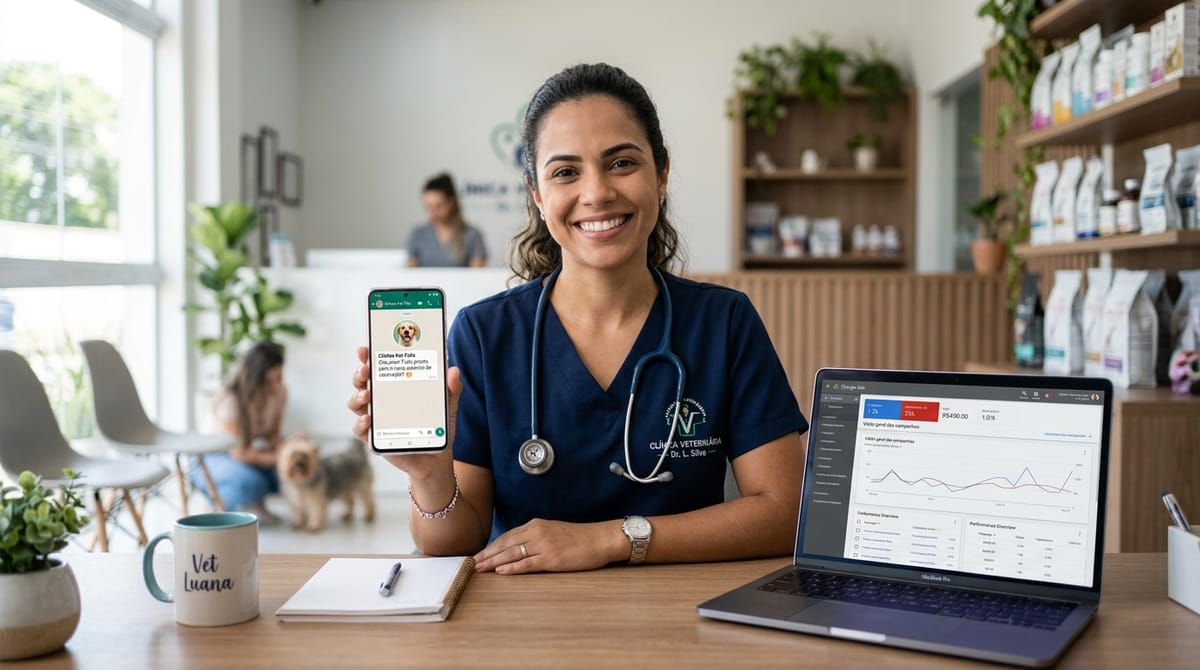 Veterinária comparando preços de software de gestão pra clínica em 2026 com calculadora e planilha
