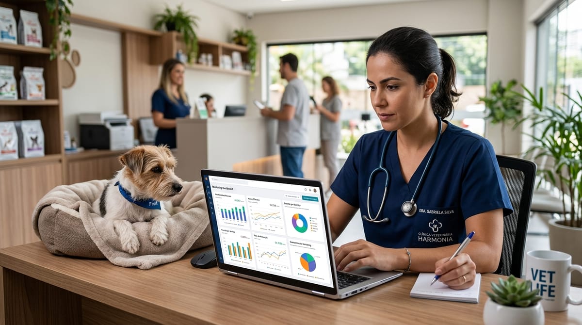 Clínica veterinária comparando Vetus e Fly Vet pra rodar tráfego pago em 2026